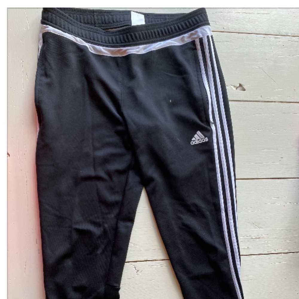 black with white stripes Adidas joggers